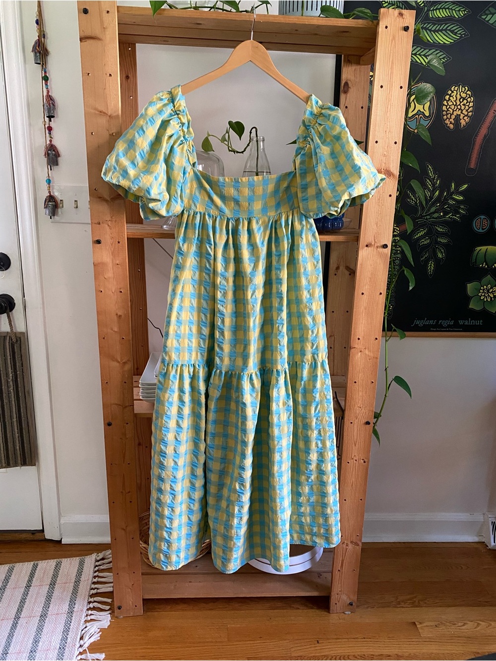 Zara Blue Yellow Gingham Plaid Seersucker Midi Maxi Dress XS - Picture 7 of 16